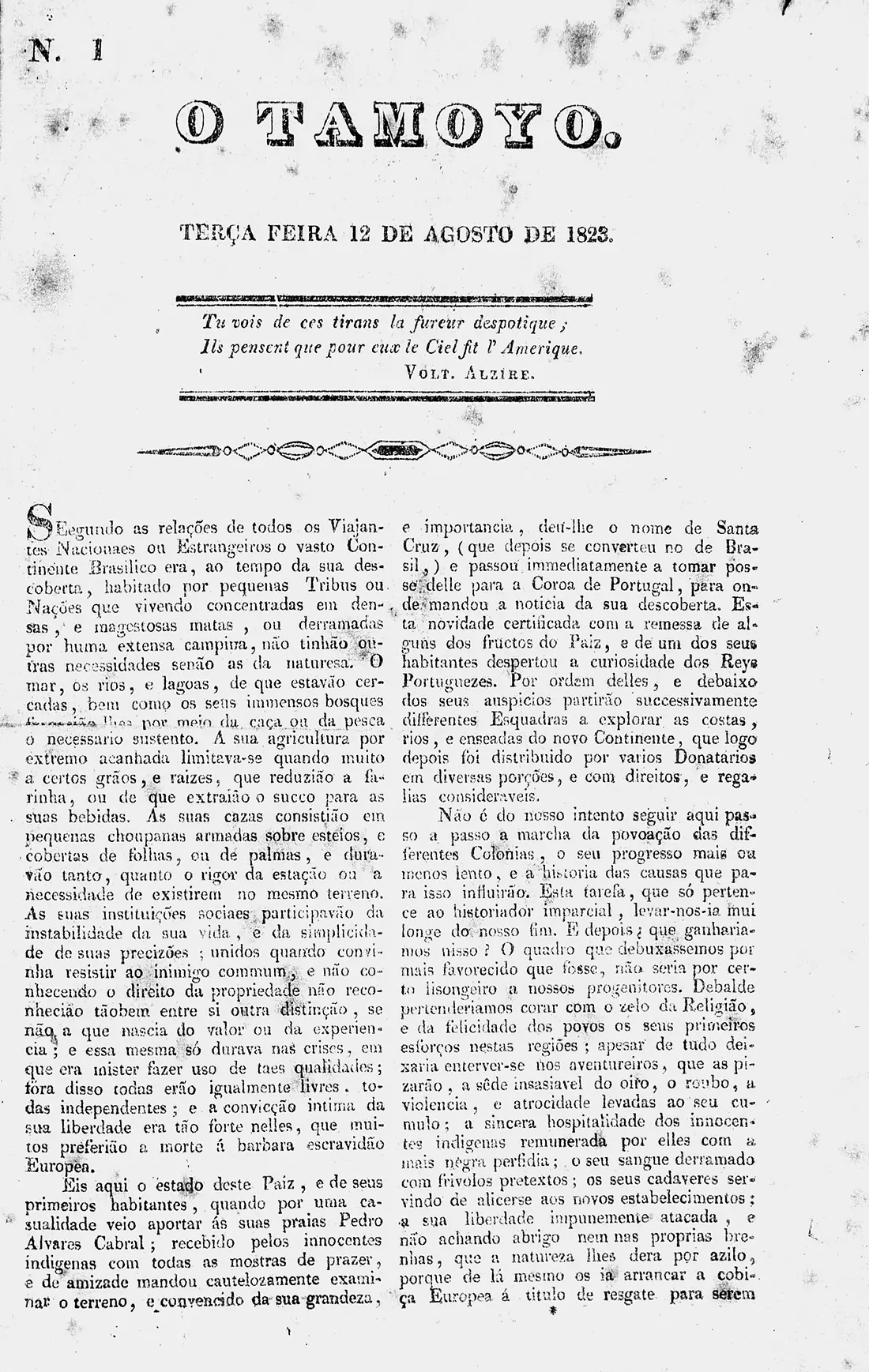 Página de jornal antigo de 1823 com citação de Voltair e Alzire.