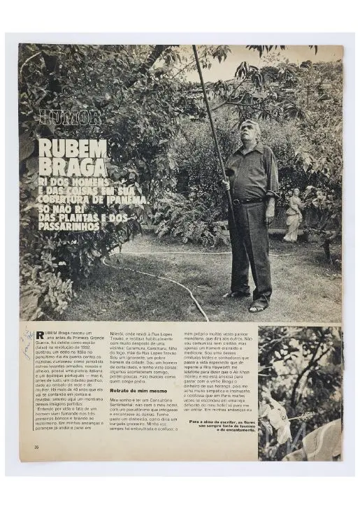 Homem idoso em jardim com galho de folhas, humor de Rubem Braga.