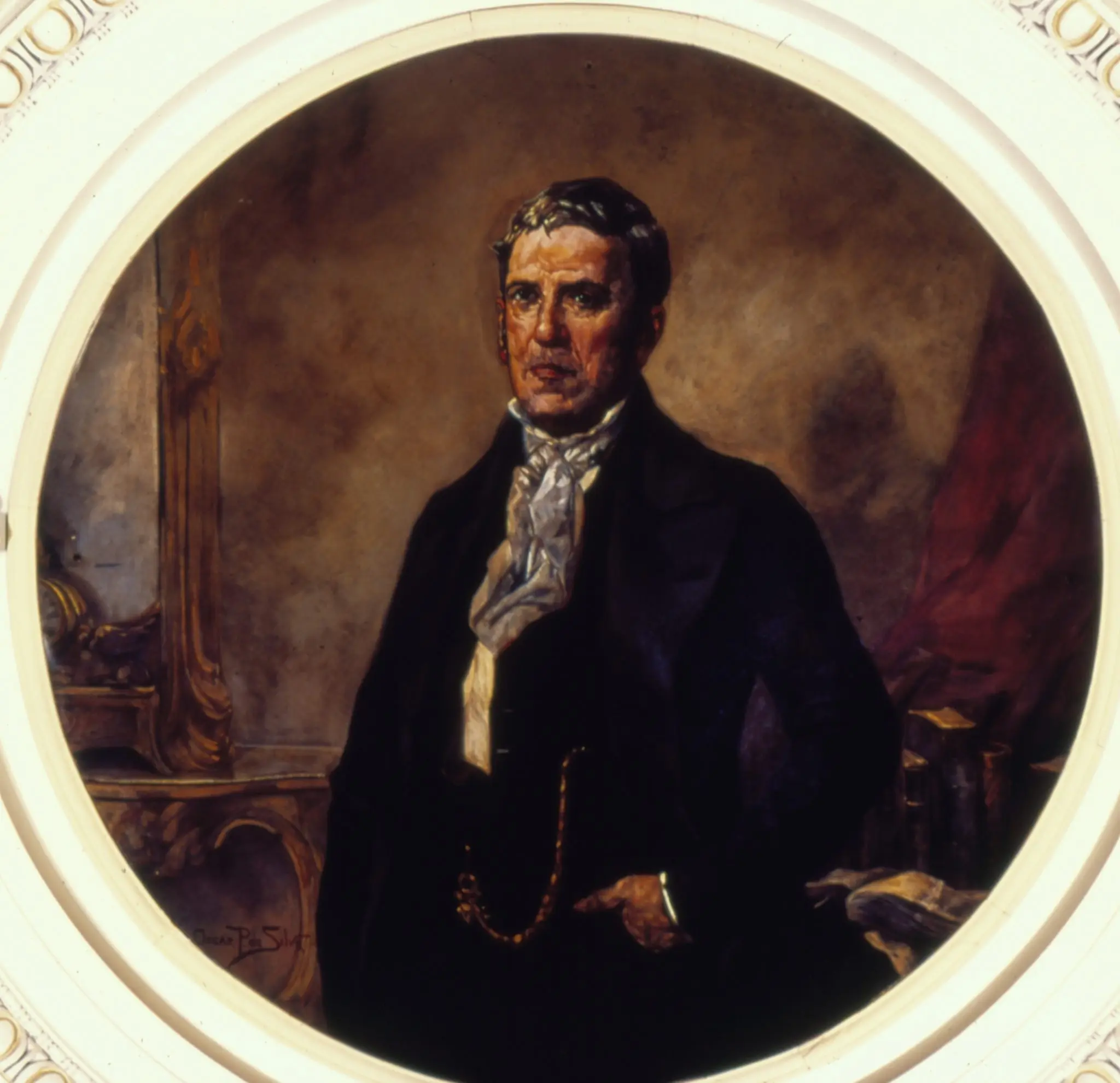 Pintura de Joaquim Gonçalves Ledo, terno preto, fundo marrom, cortina vermelha.