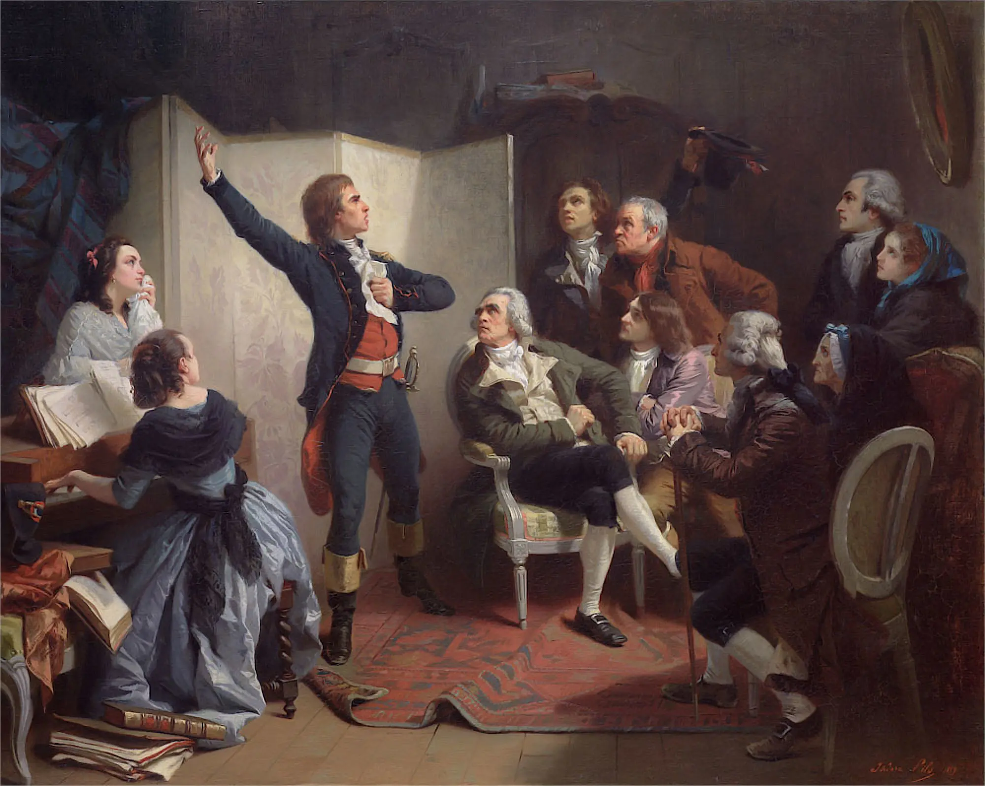 Pintura histórica retratando um grupo em trajes do século XVIII em ambiente interno.
