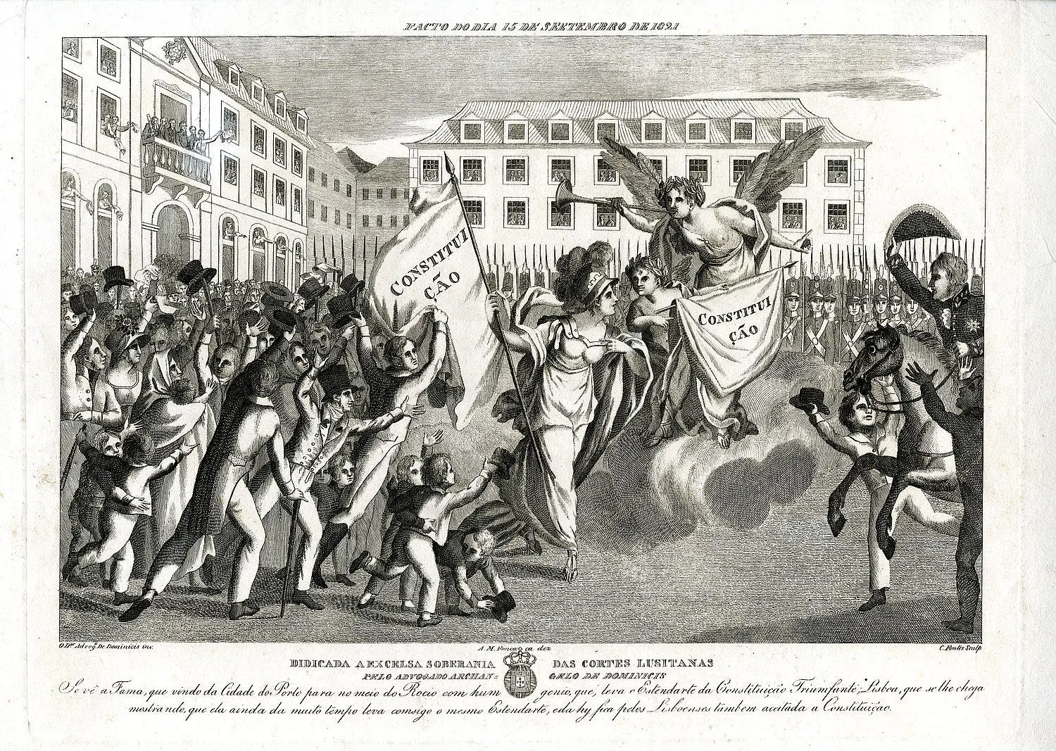 Gravura em preto e branco mostrando multidão celebrando Constituição, figura alada sobre cavalo e soldados, edifícios históricos ao fundo.