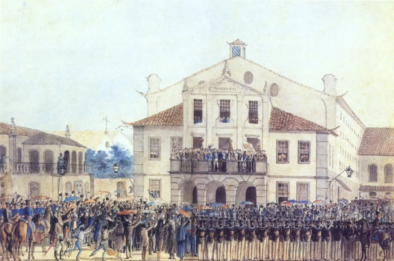 Multidão agitada em frente ao Palácio dos Estaus, evento histórico em 1821.