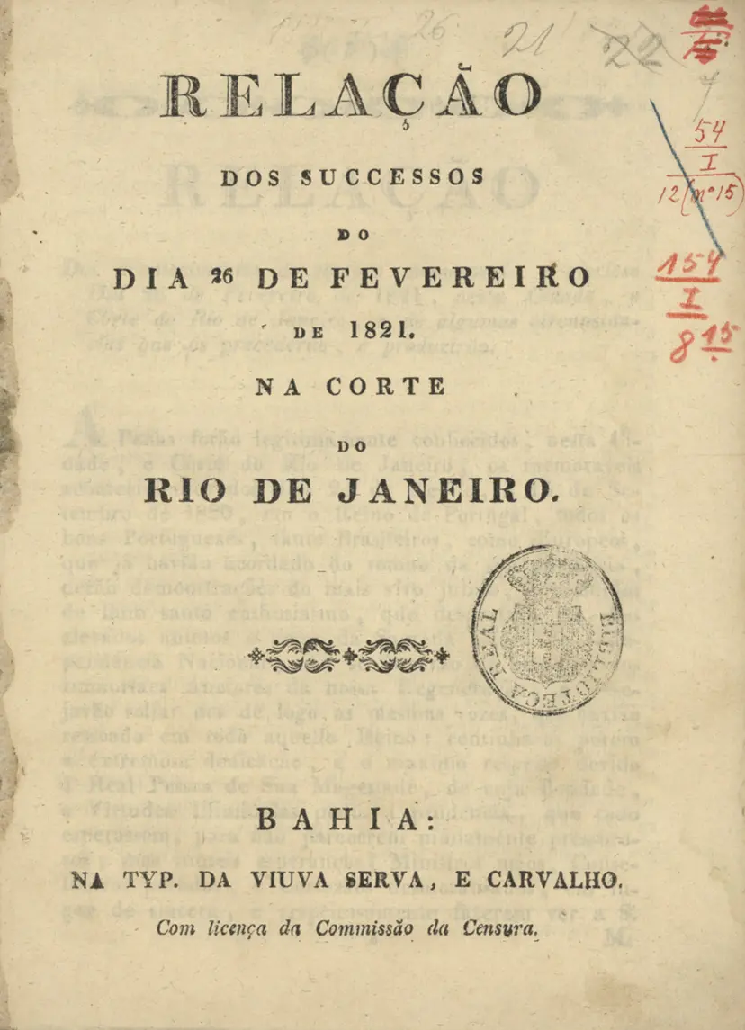 Página antiga de livro com título e selo em destaque.