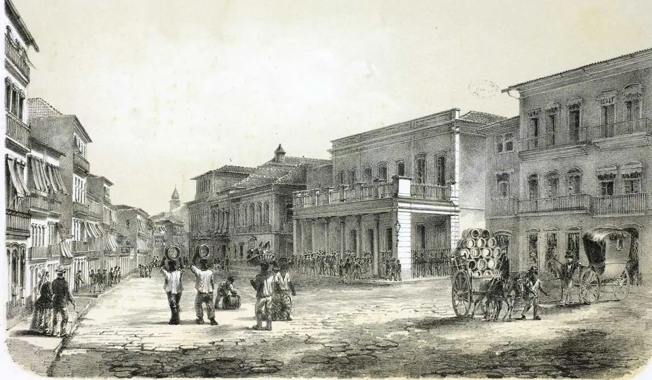 Gravura urbana histórica com construções antigas e pessoas caminhando.