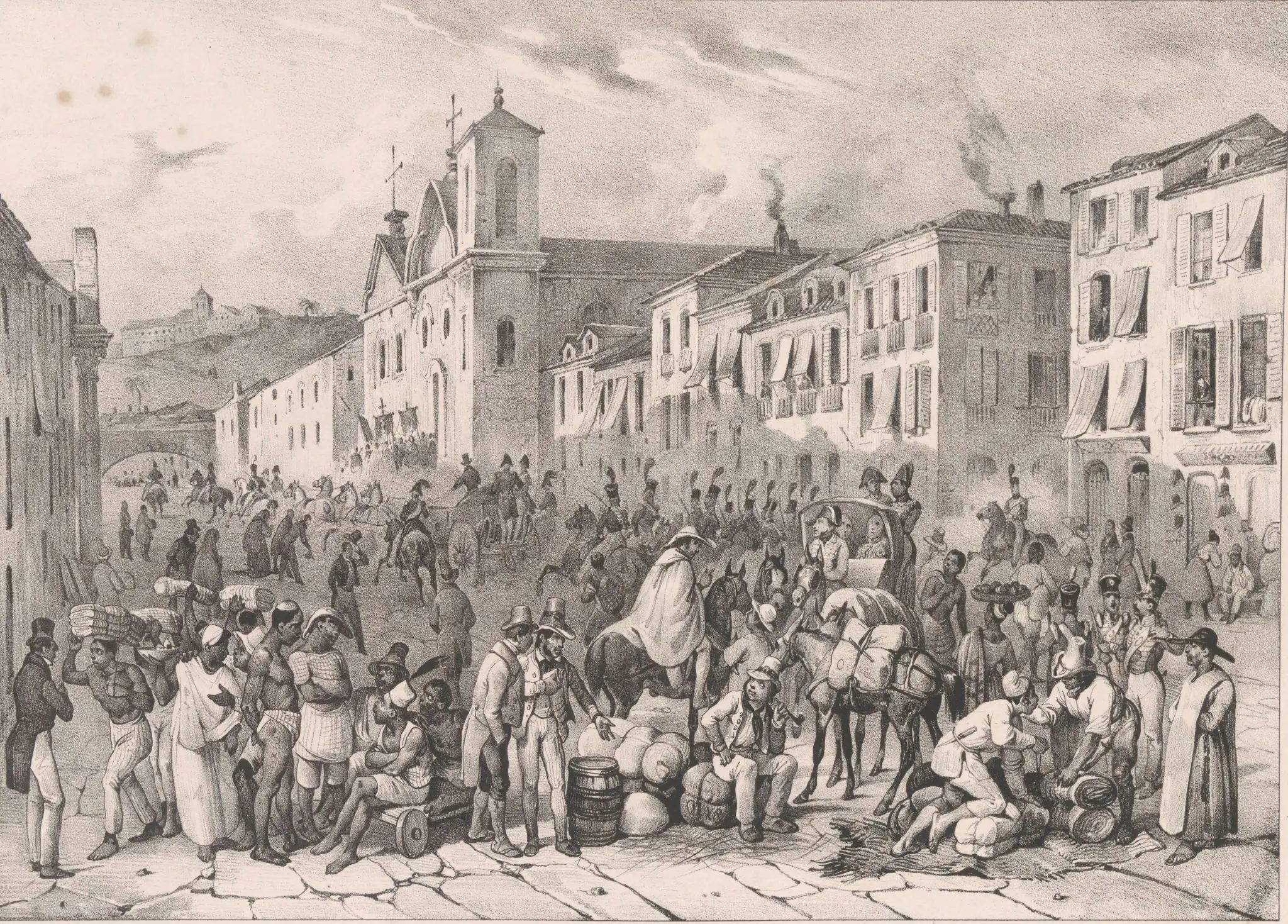 Gravura histórica de praça movimentada com multidão, edifícios e animais.
