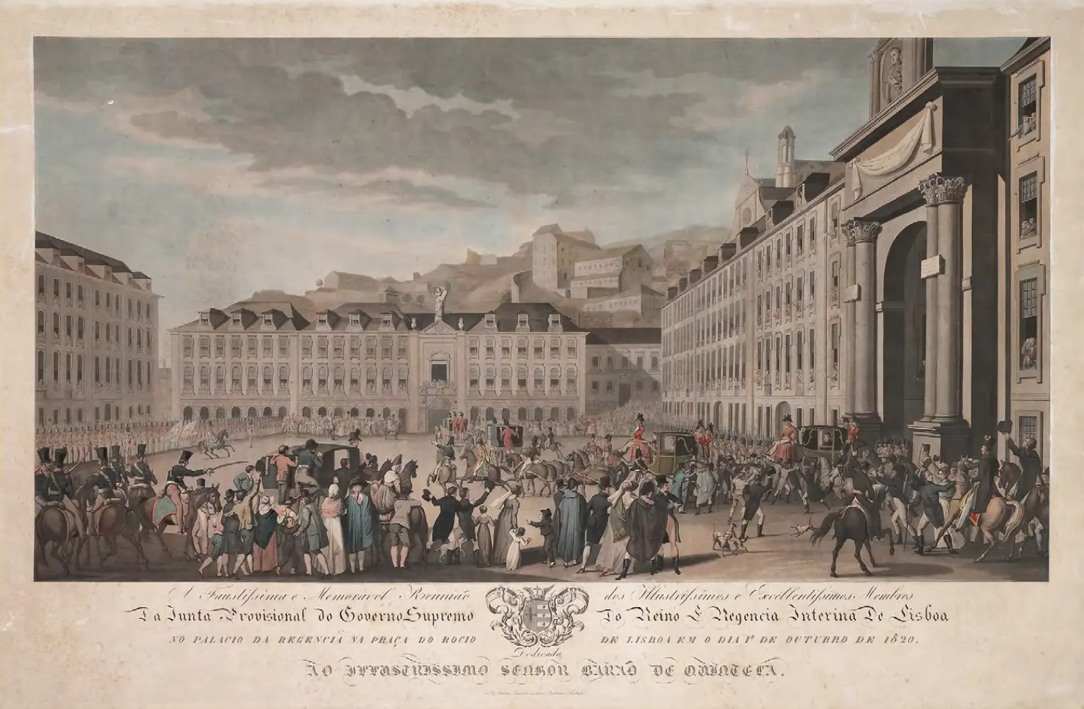 Gravura histórica em preto e branco de um palácio majestoso com pessoas e cavalos.