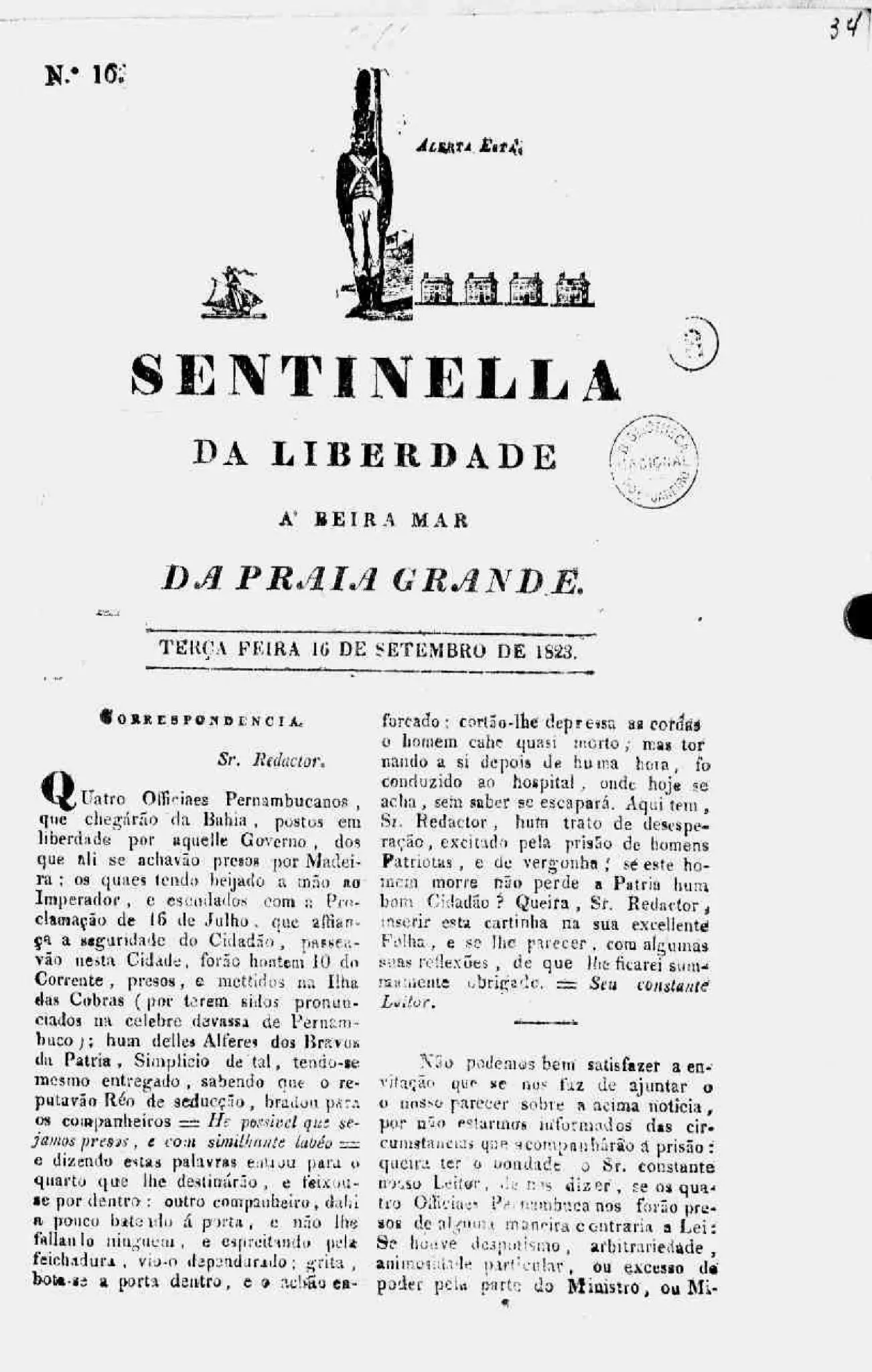 Página de jornal em preto e branco destacando "Sentinela da Liberdade" de 16 de setembro de 1823.