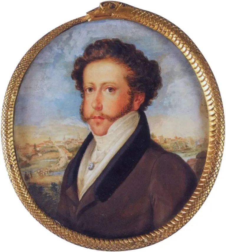 Pintura de homem centralizado em cidade com paisagem ao fundo.