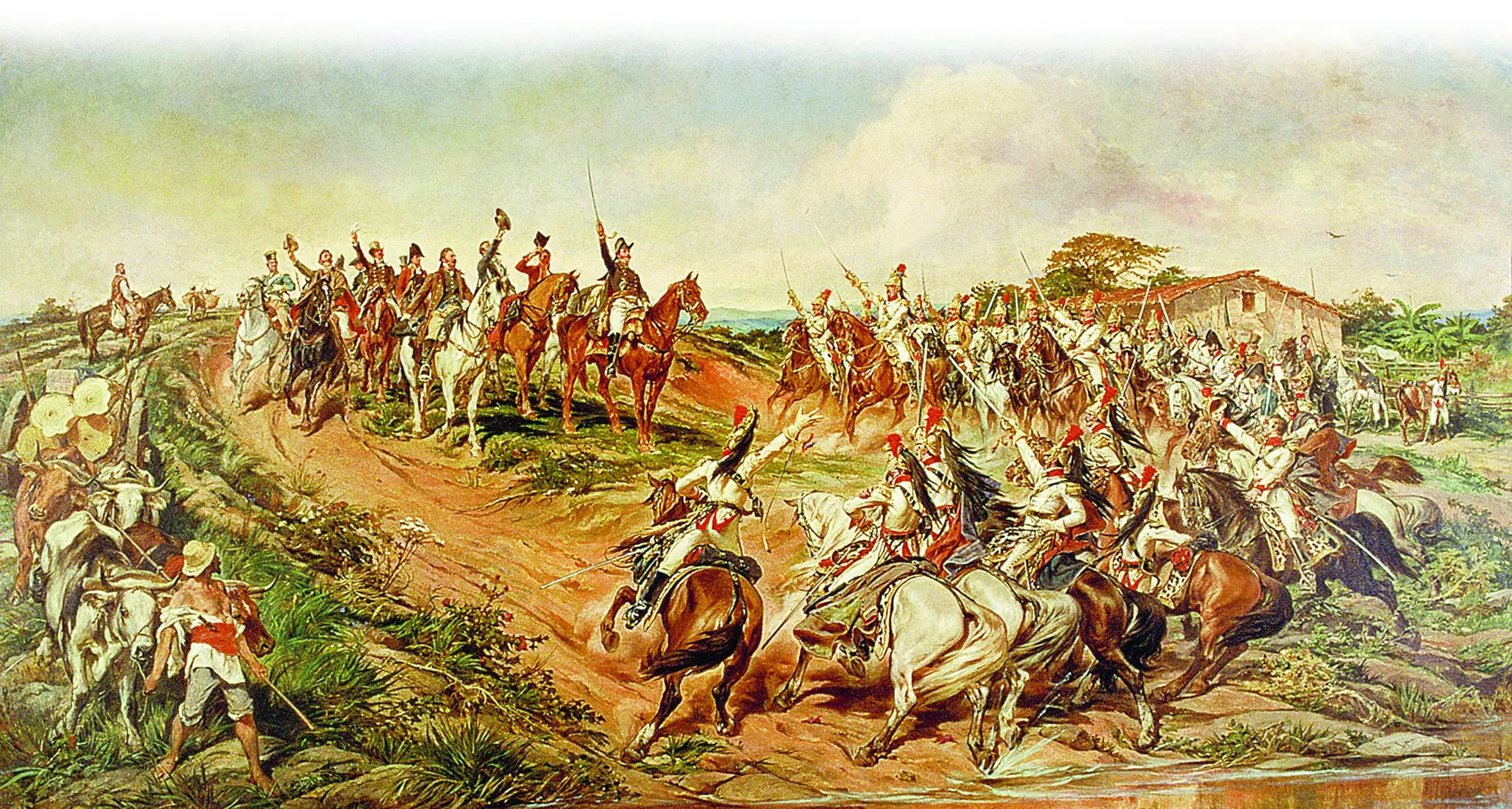 Pintura de batalha com soldados em movimento e casa modesta.