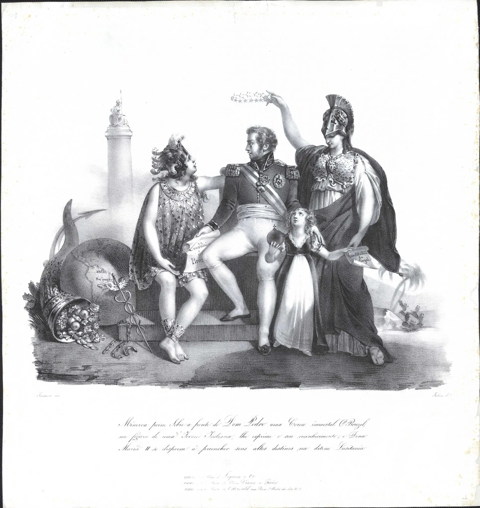 Gravura em preto e branco de cerimônia com D. Pedro I e duas mulheres.