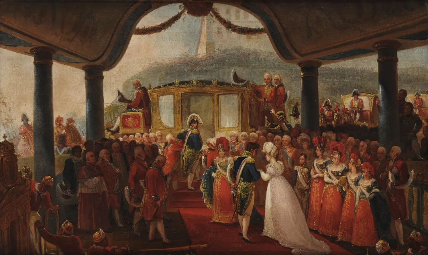 Pintura cerimonial em palácio com carruagem dourada e convidados em trajes formais.