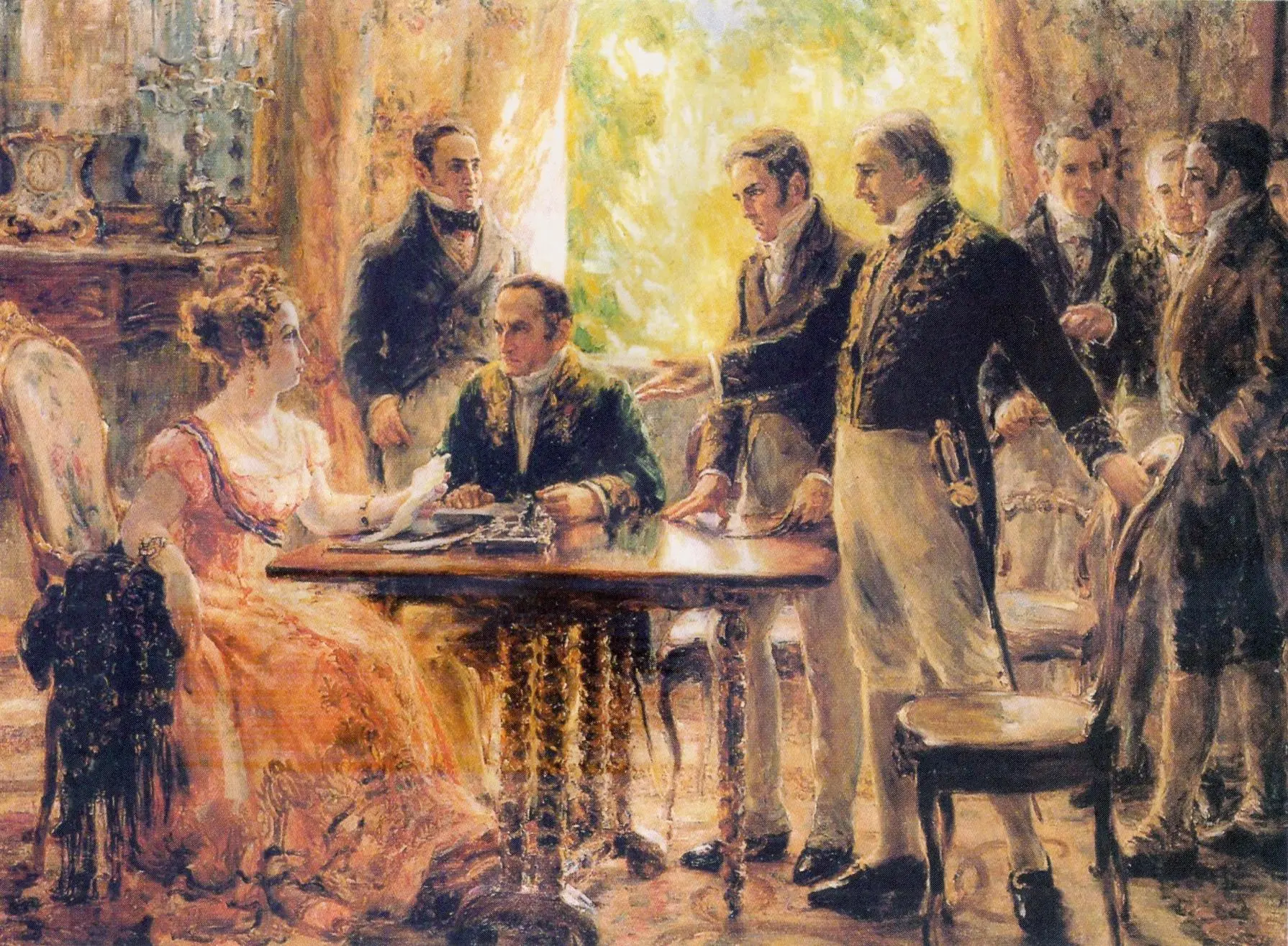 Pintura social com figura feminina sentada à esquerda, vestida de laranja e branco, e homens formais ao fundo.
