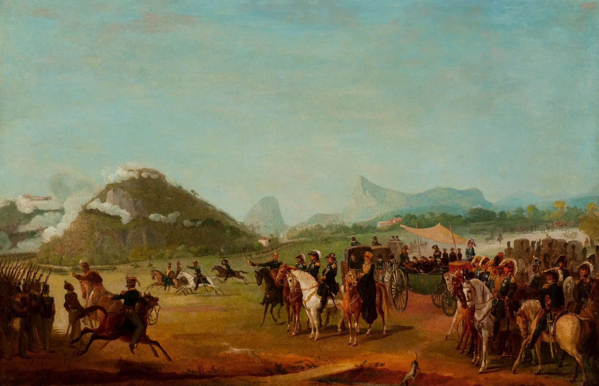 Pintura histórica com soldados e cavaleiros em movimento, paisagem ao fundo.