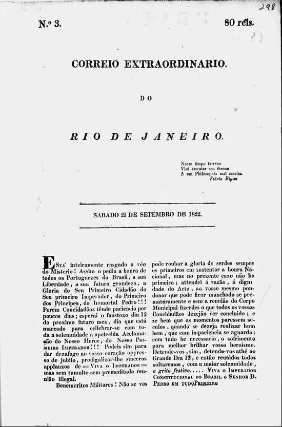 Página de jornal antigo sobre independência brasileira.
