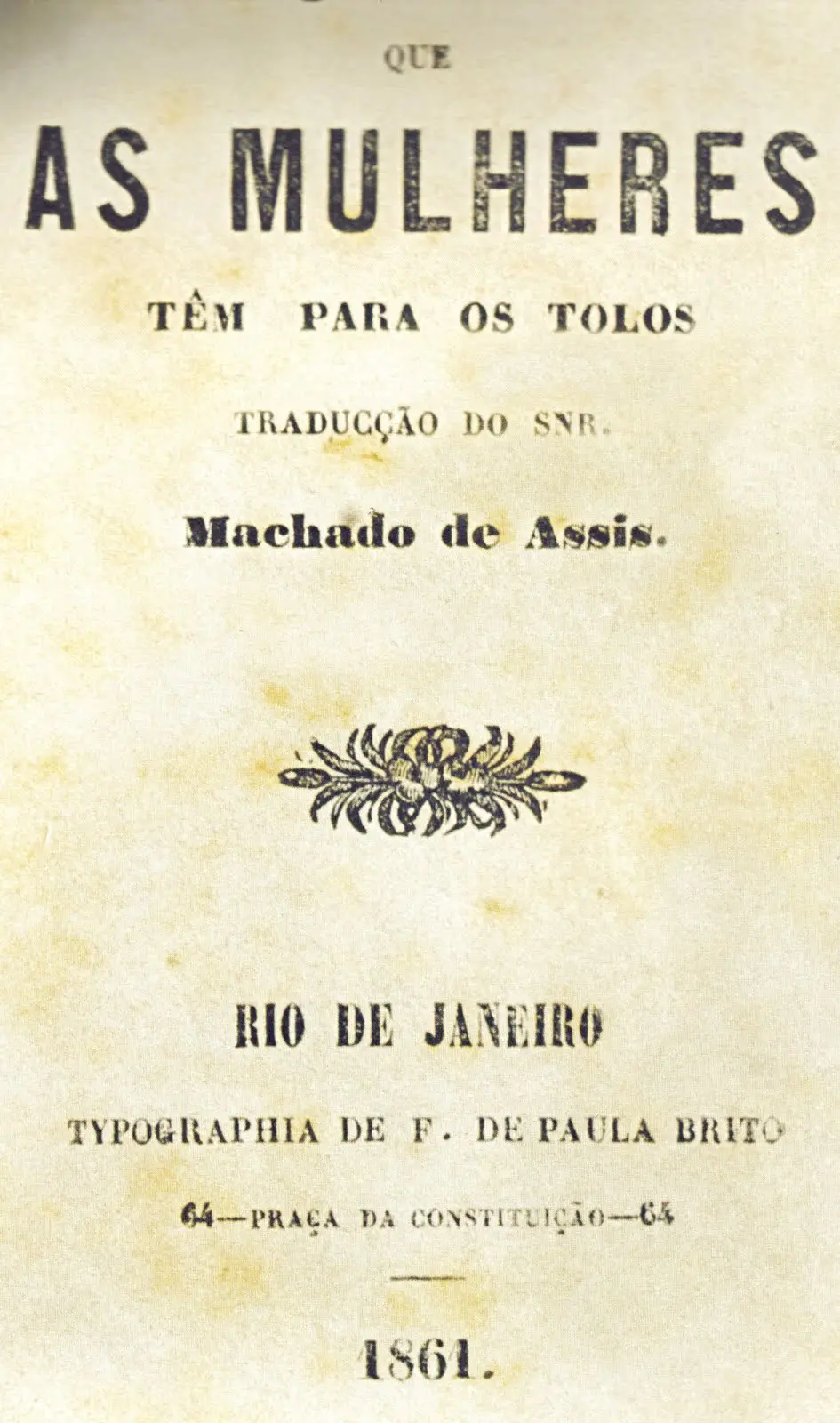 Capa de livro preto e branco sobre mulheres e tolos, Rio de Janeiro, 1861.