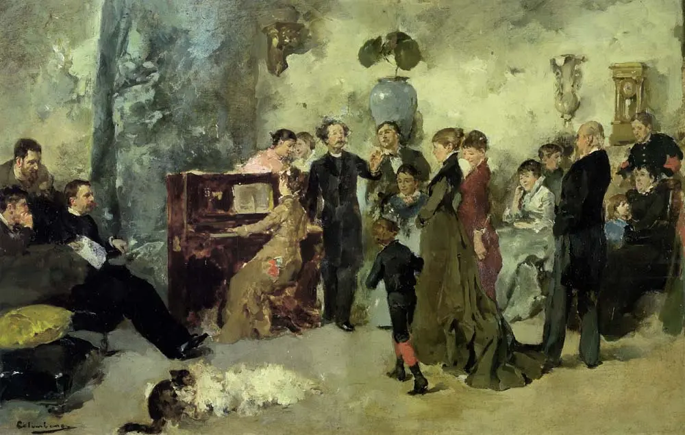 Salão social animado com pessoas reunidas ao redor de um piano.