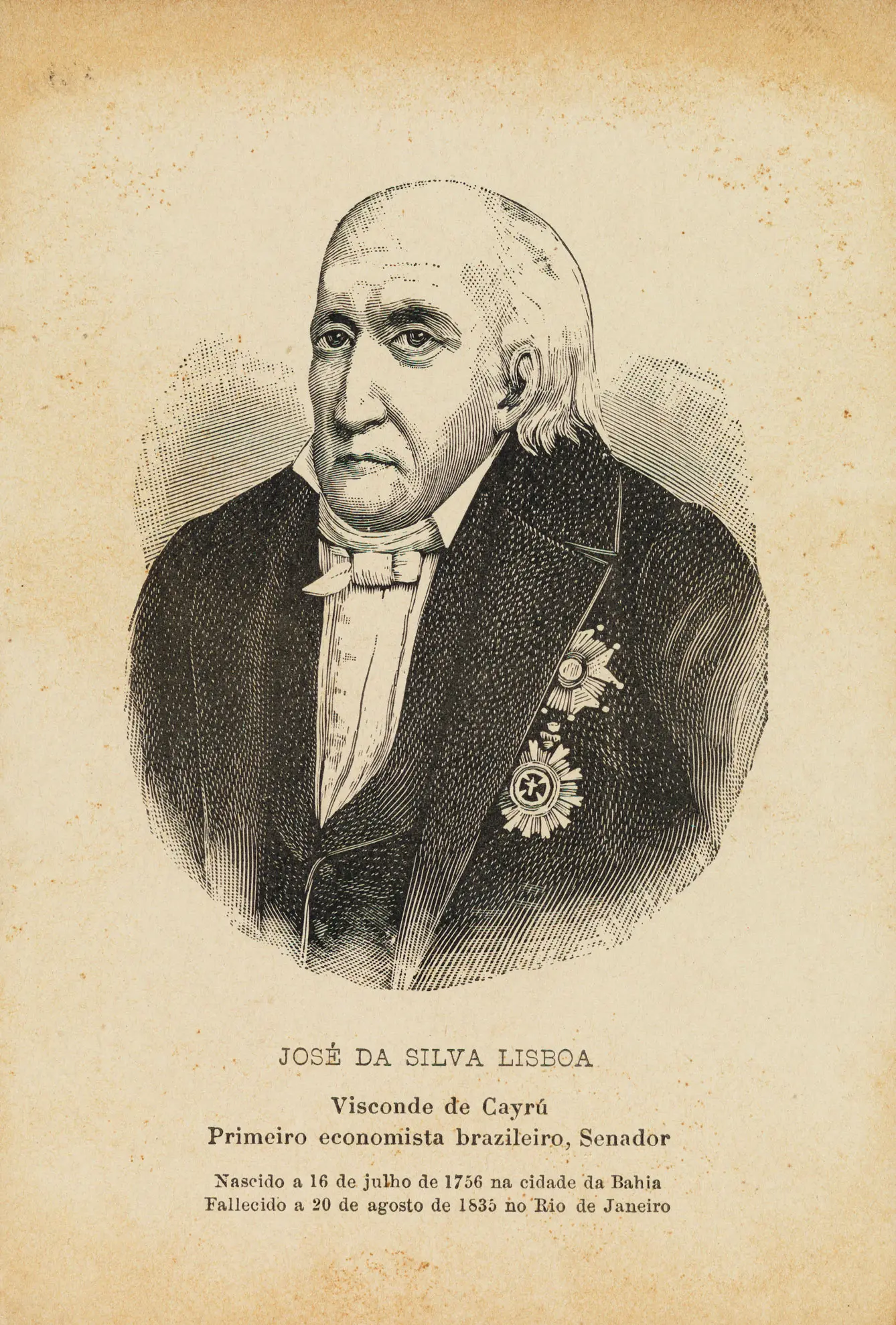Retrato em preto e branco de José da Silva Lisboa, Visconde de Cairu, primeiro economista brasileiro.