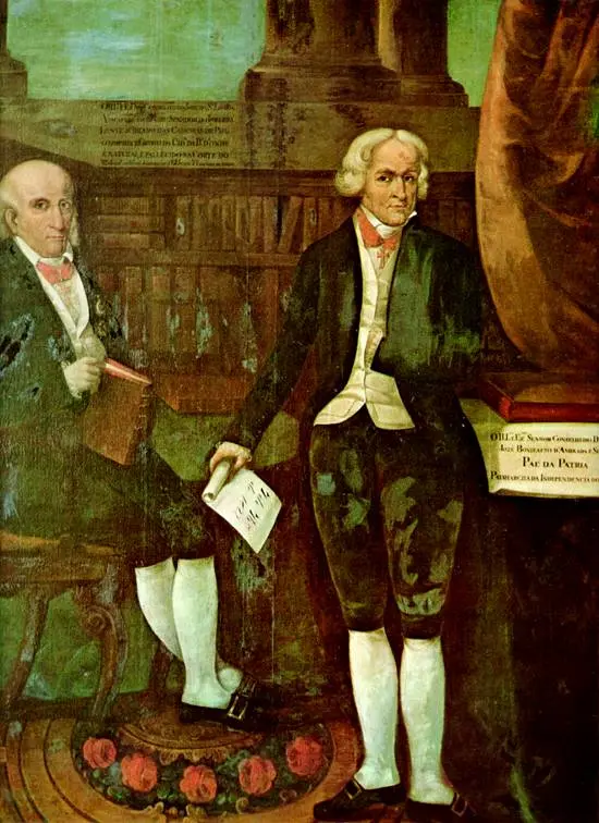 Dois homens em trajes formais do século XVIII em ambiente interno.