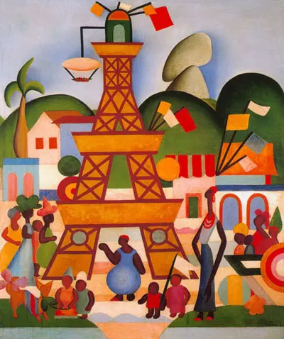 Pintura festiva com arquitetura colorida e figuras humanas dançando e conversando.