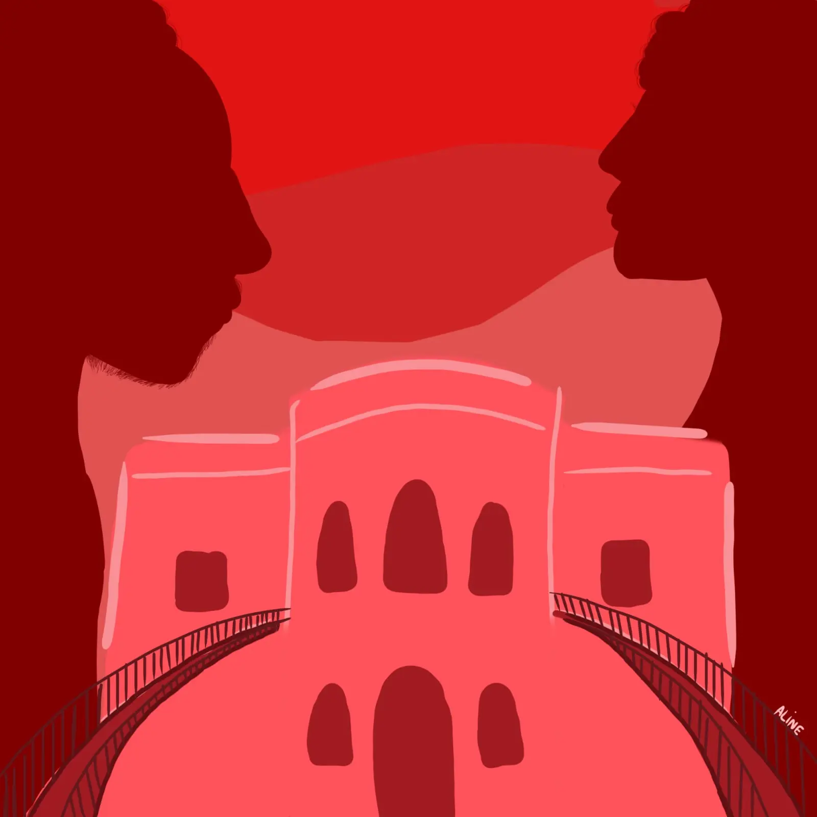 Ilustração de rostos humanos olhando-se, com estrutura arquitetônica romana entre eles.