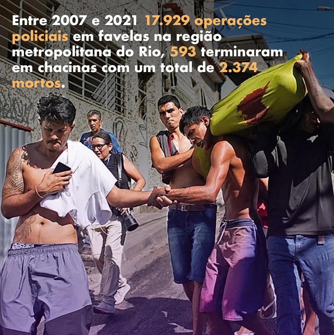 Cena urbana com pessoas caminhando e operações policiais em favelas no Rio de Janeiro.