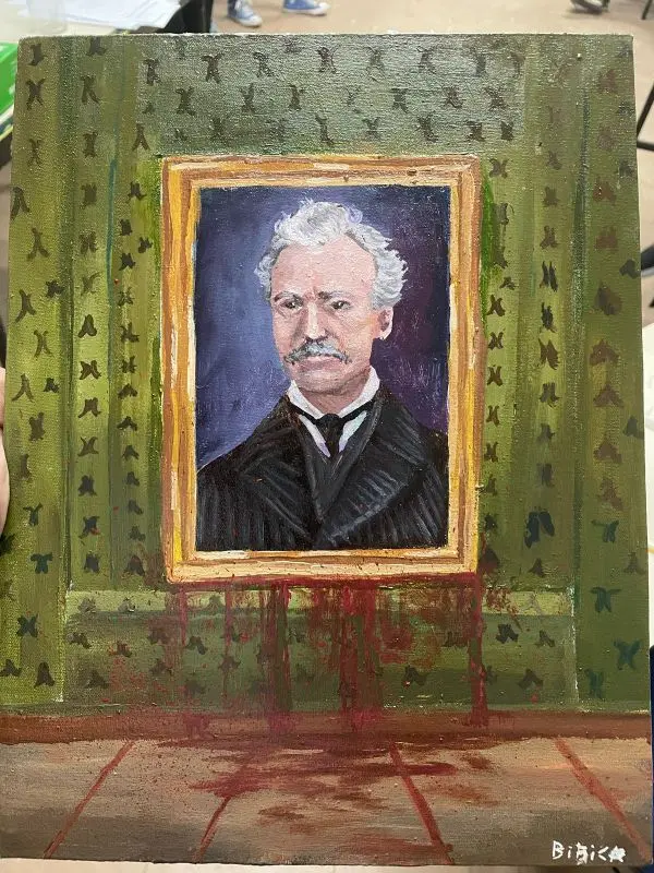 Pintura de homem maduro em terno preto, quadro dourado, fundo verde com detalhes vermelhos.