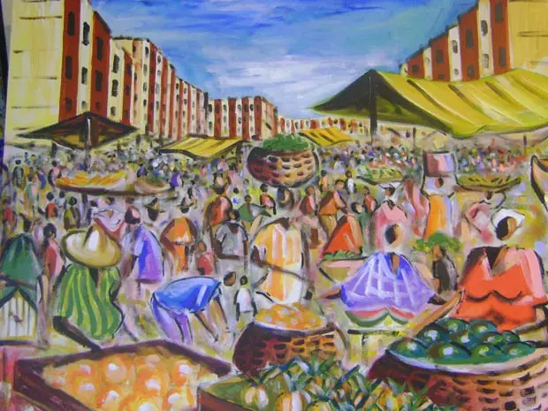 Mercado animado com barracas e edifícios altos.