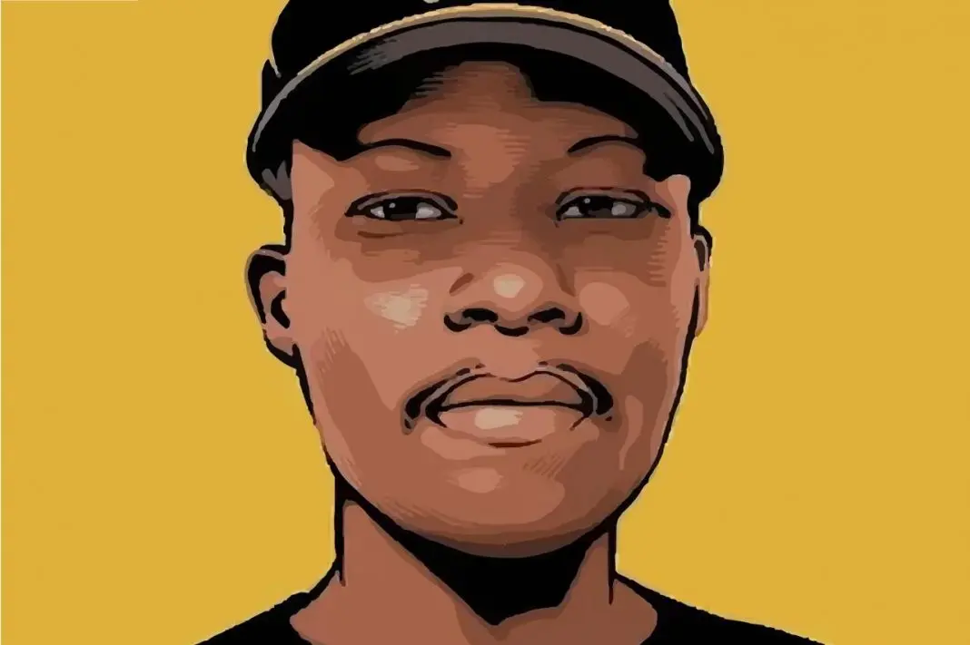 Ilustração em amarelo e preto com figura central usando boné preto.