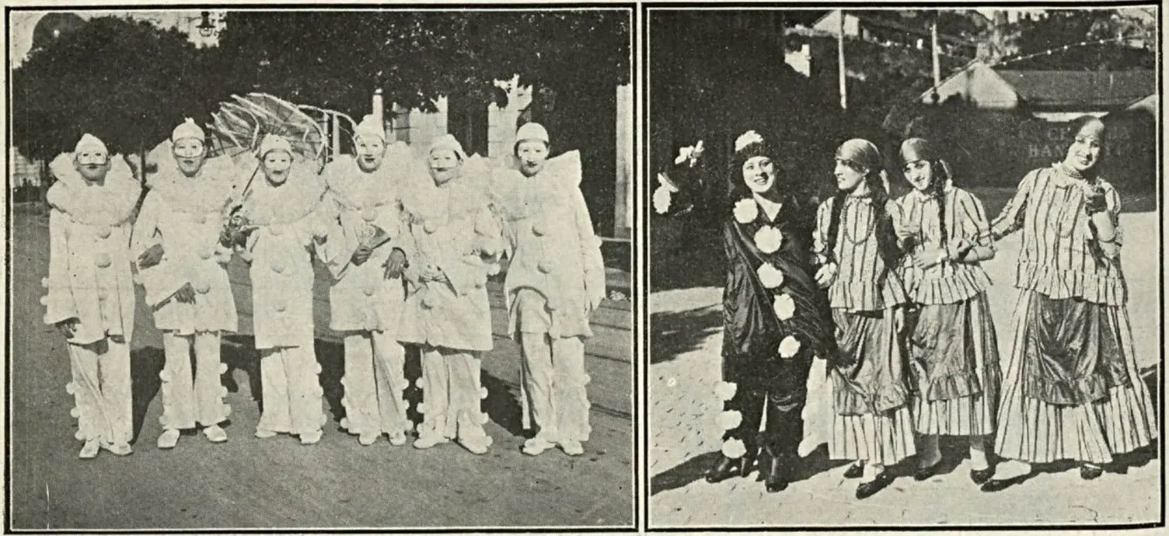 Duas fileiras de mulheres em trajes festivos, com guarda-chuvas decorados.