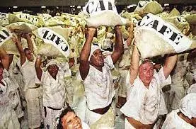 Grupo de pessoas segurando sacos de café sobre a cabeça.