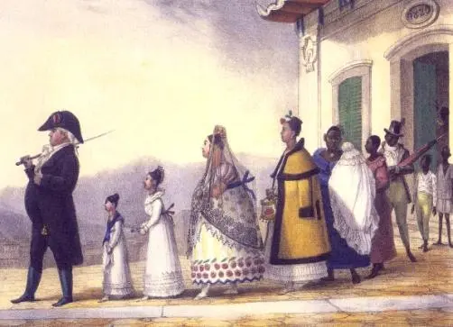 Pintura histórica mostrando soldado com punhal e fila de pessoas tradicionalmente vestidas.