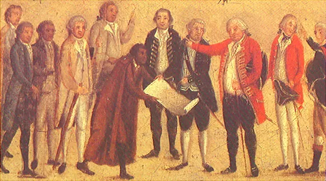 Pintura de homens do século XVIII em trajes formais, foco em figura central com mapa.