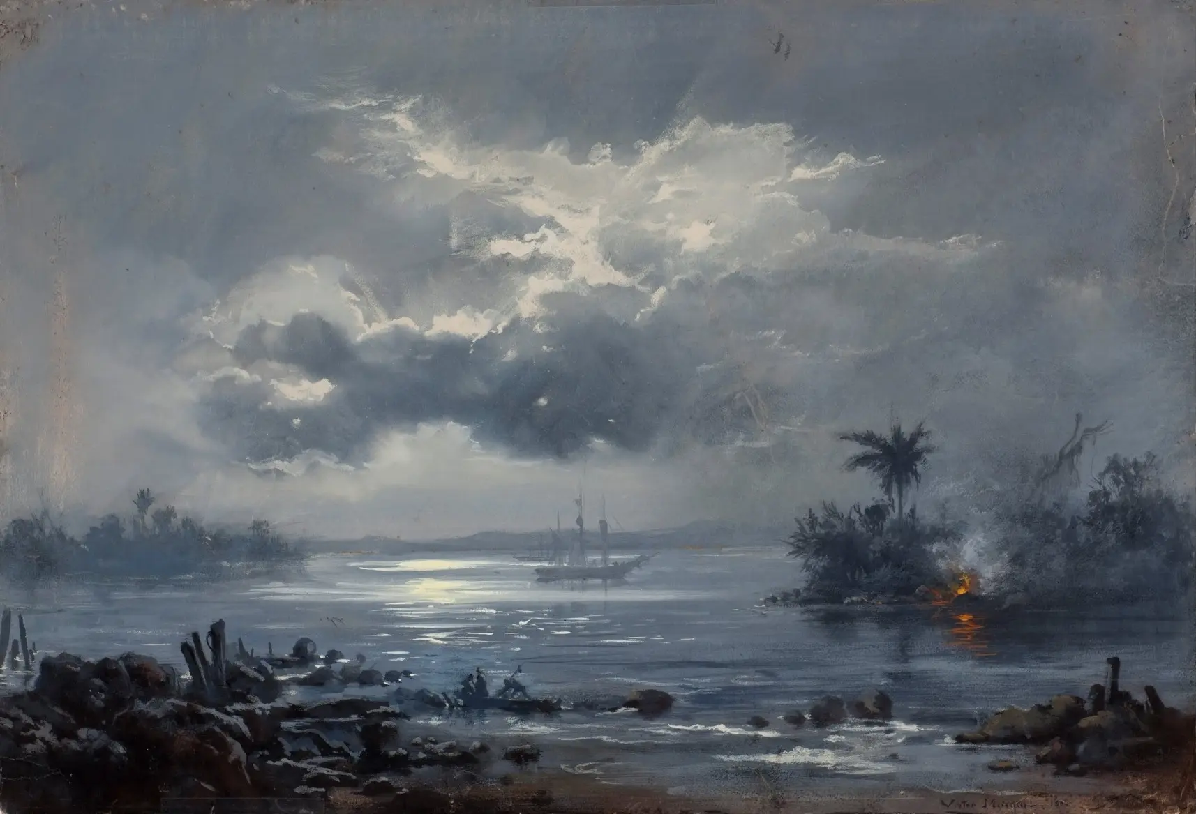 Cenário costeiro com navio, rochas, ilha e céu dramático.