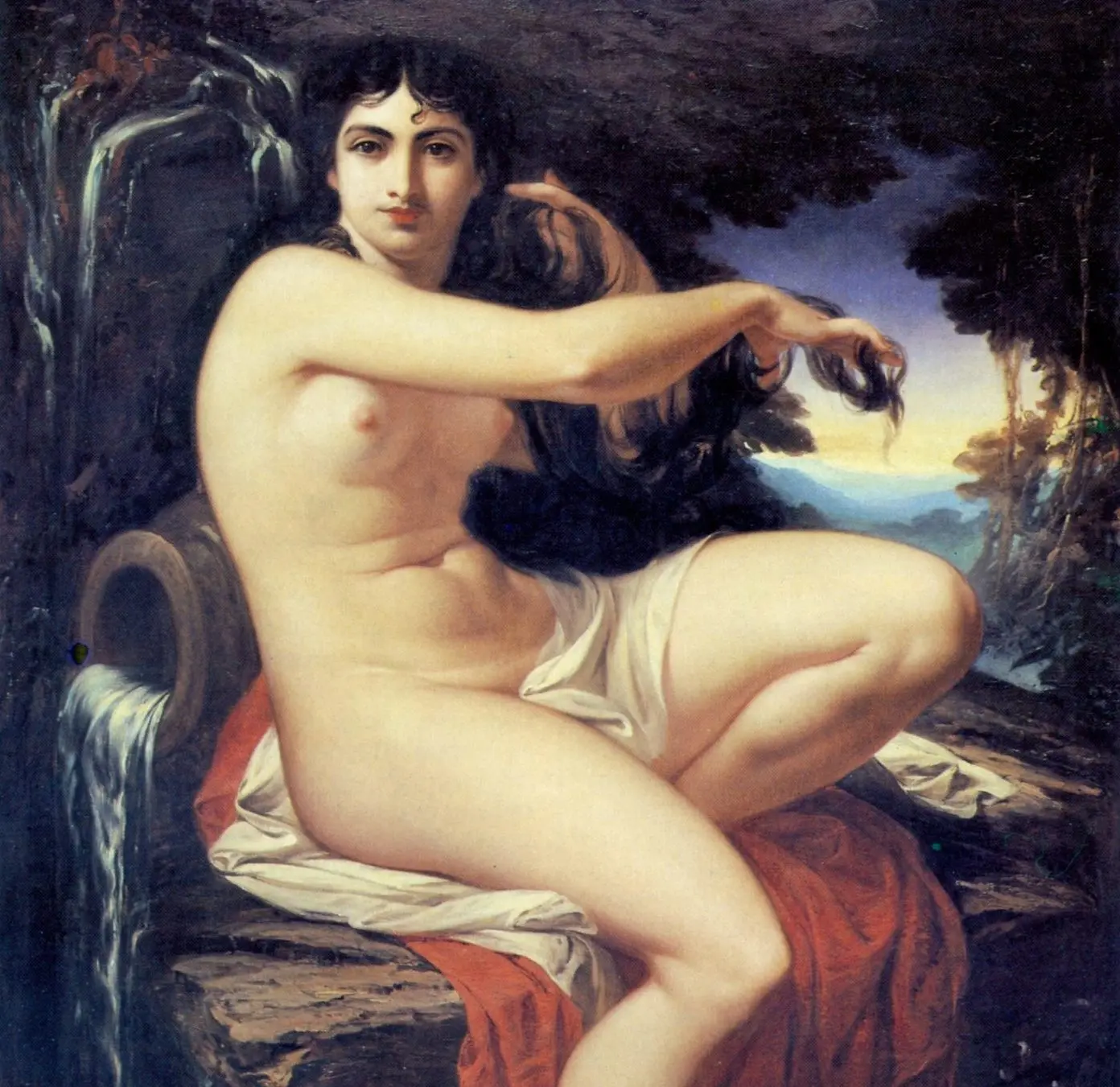 Figura feminina nua em cenário natural, com fonte de água à esquerda.