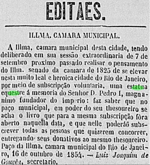 Documento histórico sobre subscrição para estátua equestre em memória de D. Pedro I.