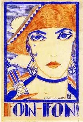 Cartaz azul e laranja com mulher segurando garrafa de vinho.