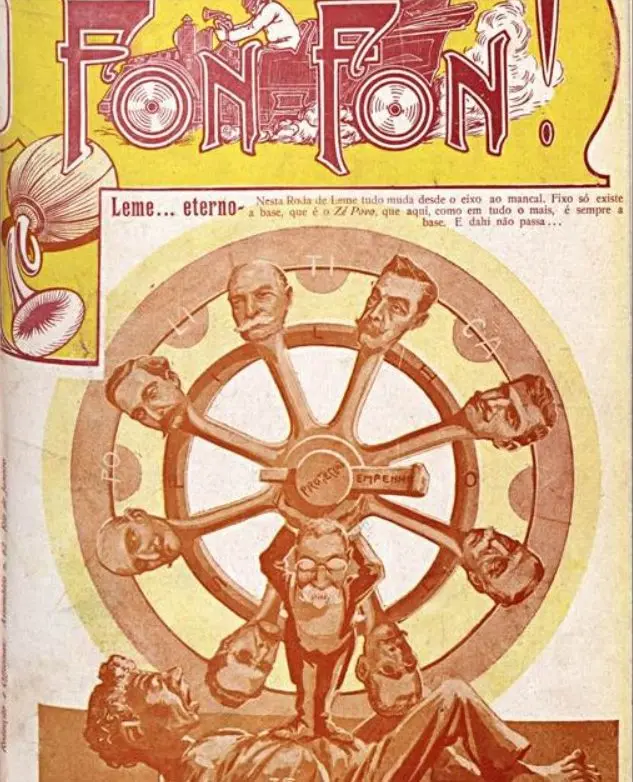 Ilustração colorida de roda de leme com rostos humanos em círculo, liderança central.