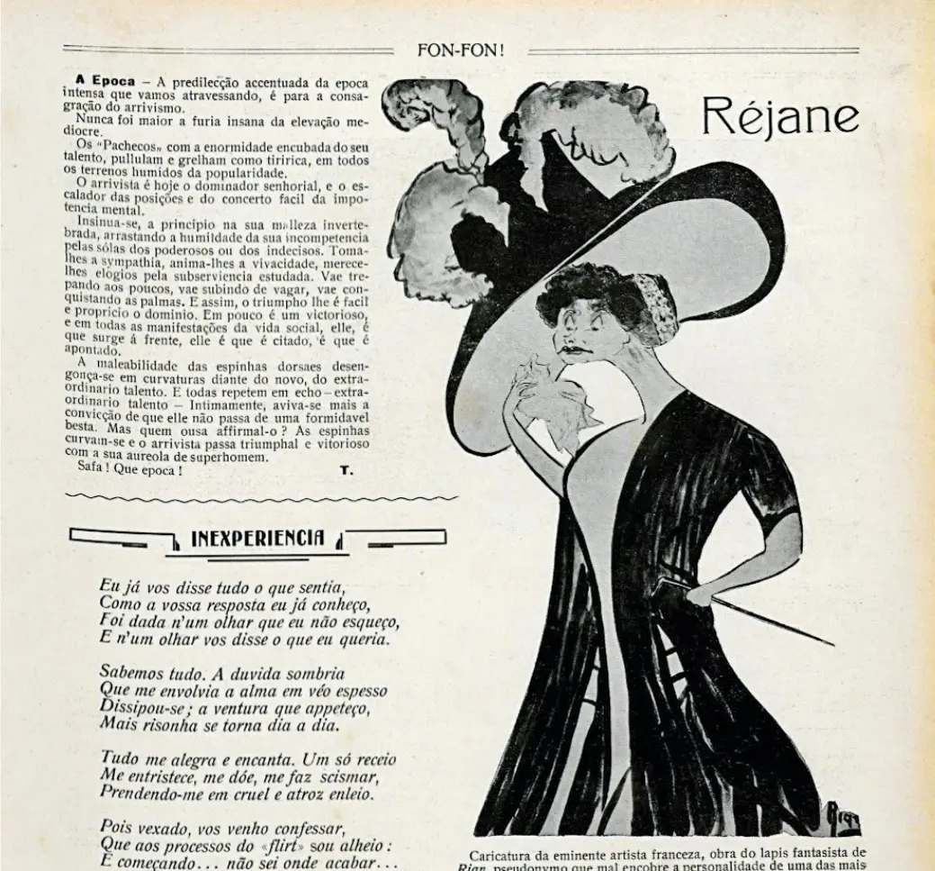 Mulher elegante com chapéu, em frente a caricatura feminina, texto sobre época e características.
