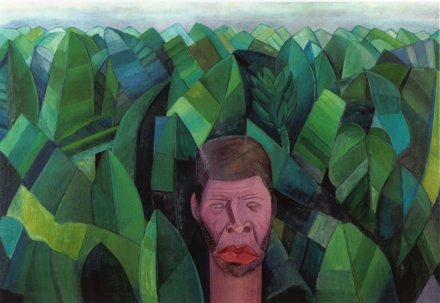 Pintura com rosto humano e folhagem verde.