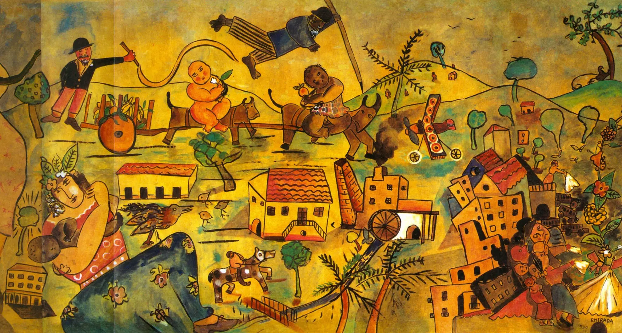 Pintura vibrante com figuras humanas e animais em movimento, casas coloridas e fábrica em fundo.