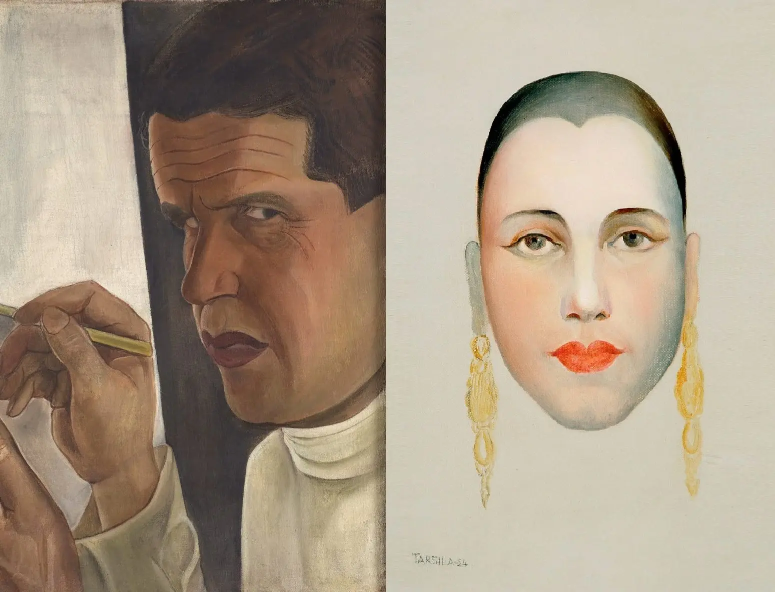 Pintura dividida em duas partes: homem com cabelos escuros e mulher com coque alto.