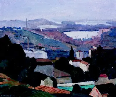 Paisagem urbana com edifícios industriais, áreas verdes e casas residenciais.
