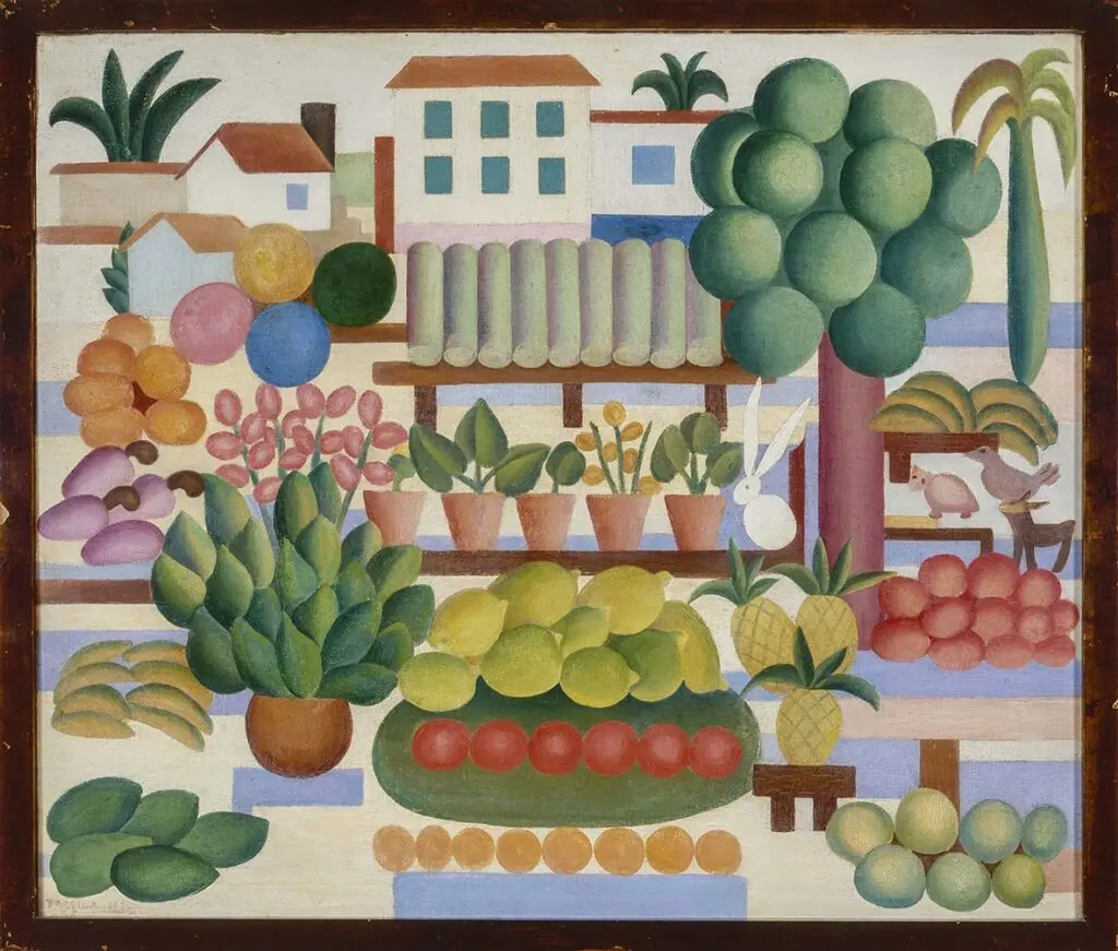 Pintura vibrante de mercado com frutas e flores.