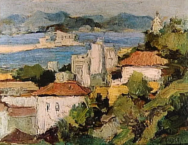 Paisagem urbana com casarios e fortaleza ao fundo.