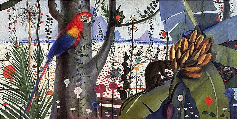 Pintura colorida de cenário tropical com árvore, papagaio, figura humana e praia.