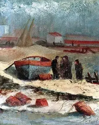 Pintura costeira com barco azul, caixas vermelhas, figuras humanas conversando e construção branca com telhado vermelho.