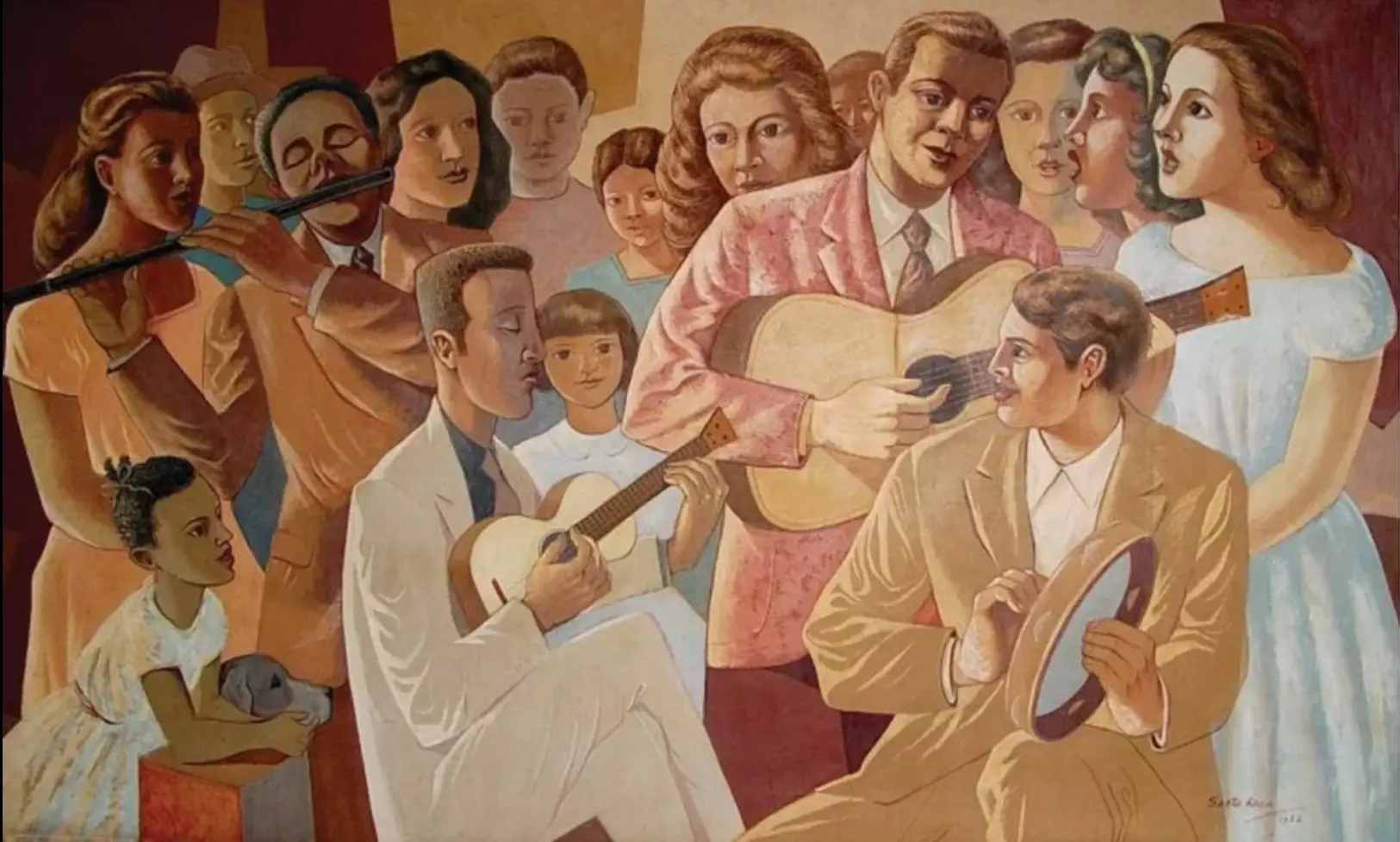 Pintura de música popular com múltiplos músicos e observadores.