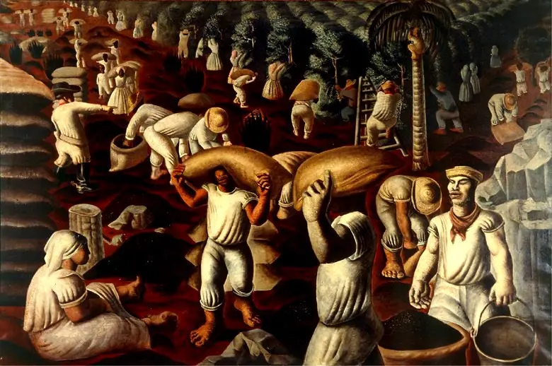 Pintura de trabalho agrícola intenso, figuras humanas em atividades variadas.