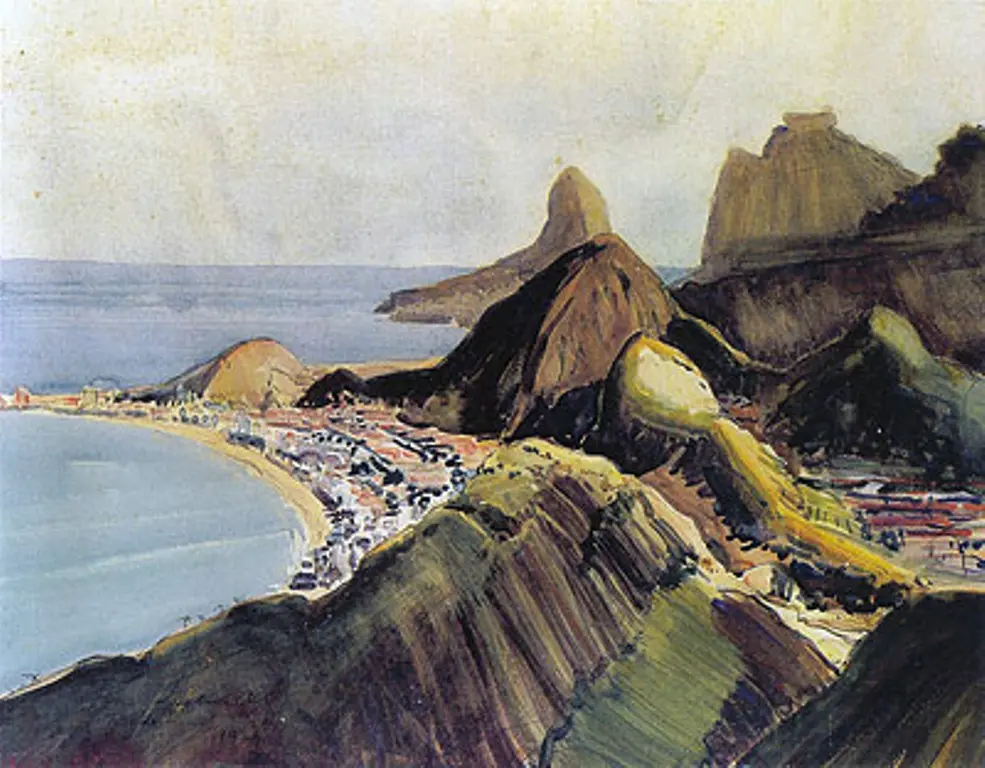 Paisagem costeira com mar, casas, montanhas e forte.