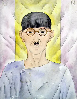 Pintura em aquarela com rosto humano e fundo amarelo.